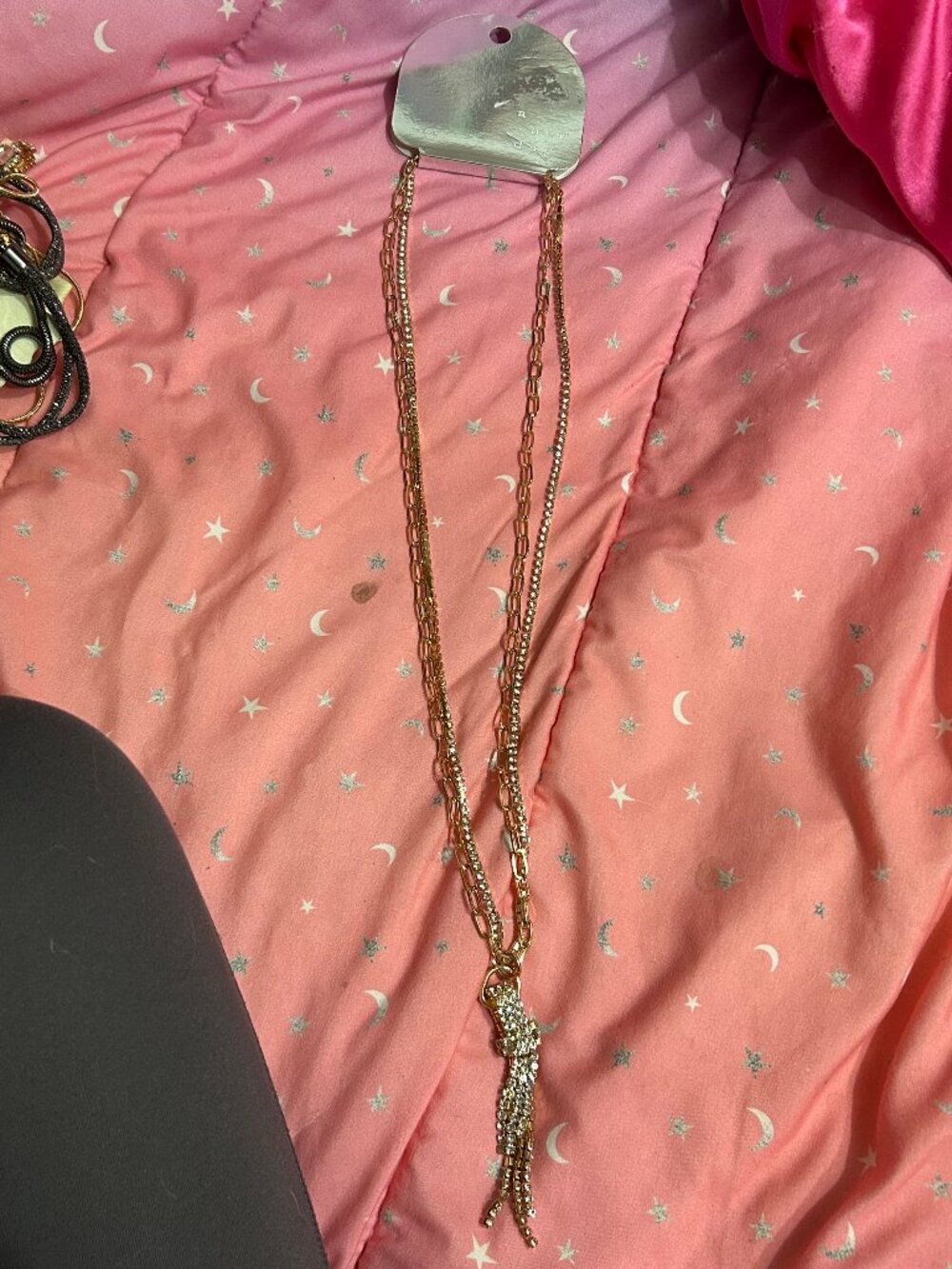 A New Day NWT Gold Rhinestone Paperclip Chain Fringe Lariat Necklace